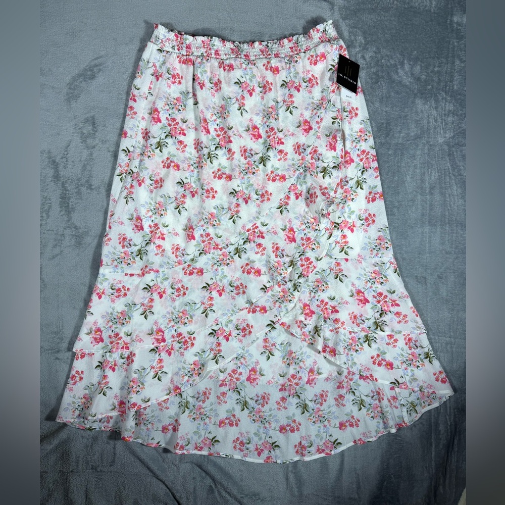 XL Floral Hi Low Skirt Pink Peach Romantic Spring Easter Garden Party NWT Demure